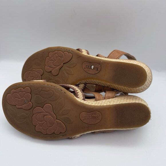 Born Cascade Sandals Shoes Womens Size 9 Brown Leather Raffia Strappy Wedge - Picture 7 of 7